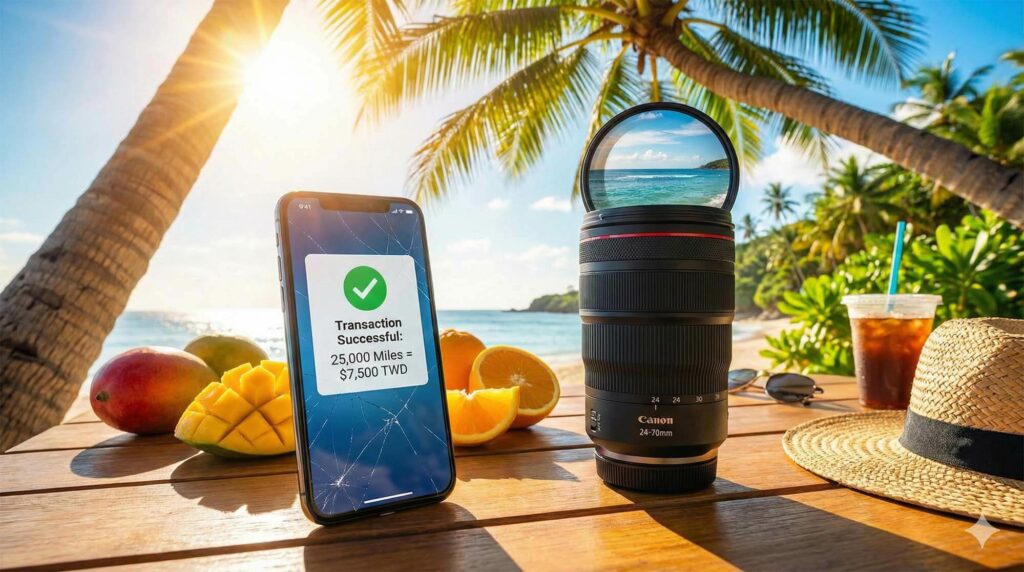 屏東墾丁熱帶風情與數位科技結合，手機放在沙灘桌上顯示交易成功，象徵遠端也能享受資產價值 / Pingtung Kenting tropical vibe mixed with digital technology, smartphone on beach table showing transaction success, symbolizing remote access to asset value.